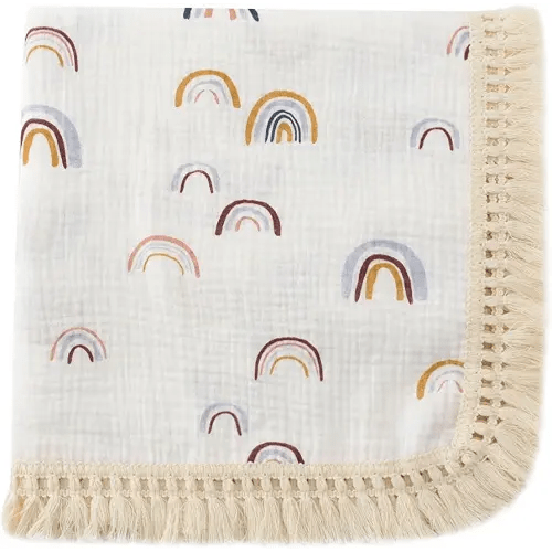 Boho Nursery Decor Rainbow Baby Blanket 40"x 47", Gender Neutral Swaddle Muslin with Fringe, Cotton Muslin Blanket Baby Girl Stuff