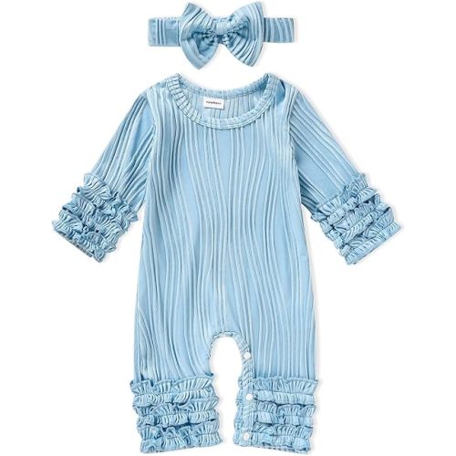 GRNSHTS Newborn Baby Girls Ruffle Romper Solid Long Sleeve Jumpsuit One-Piece Coming Home Clothes With Headband