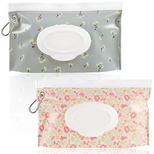 FEBSNOW 2 Pack Baby Wipes Dispenser Holder, Portable Refillable Baby Wet Wipes Pouch Container Reusable Travel Case for Outdoor Hiking, Pink Flower