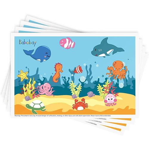 Disposable Stick-on Placemats 40 Pack for Baby & Kids, Toddler Placemats in Reusable Pouch 12" x 18" (Blue Ocean Life)