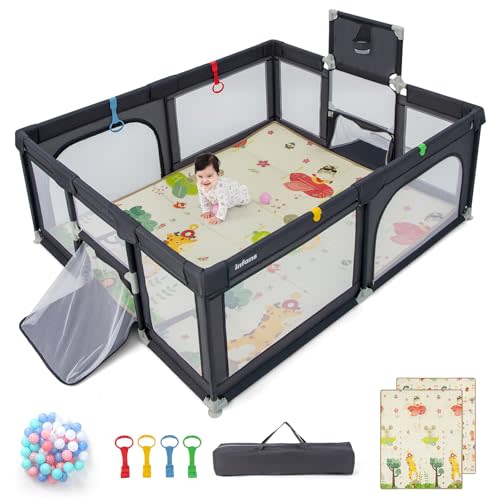 INFANS Baby Playpen, 74” x 62” Extra Large Baby Play Yard with Crawling Mat, 50 Ocean Balls, 4 Pill Up Rings, Basketball Hoop and 2 Football Gates for Toddlers, Indoor Activity Center (Dark Gray)