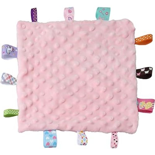 CREVENT Tag Security Blankets for Babies, Soft Small Loveys for Girls, Baby Comforter Sensory Blanket, Great Gifts for Birthday Baby Shower 10"X10" (Pink, Crib)
