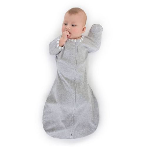 Transitional Swaddle Sack With Arms Up Half-length Sleeves And Mitten Cuffs Wearable Blanket - Heathered Gray With Stripe Trim 0-3 Months