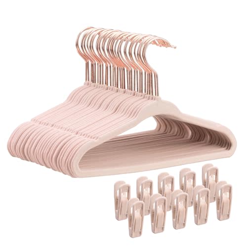 Tonswachic Baby Velvet Hangers 30 Pack - 11 Inch Non Slip Felt Kids Hanger for Newborn Clothes - Ultra Thin Space-Saving Infant Hangers for Toddler Kids' Closet with 10 Hanger Clips - Pink