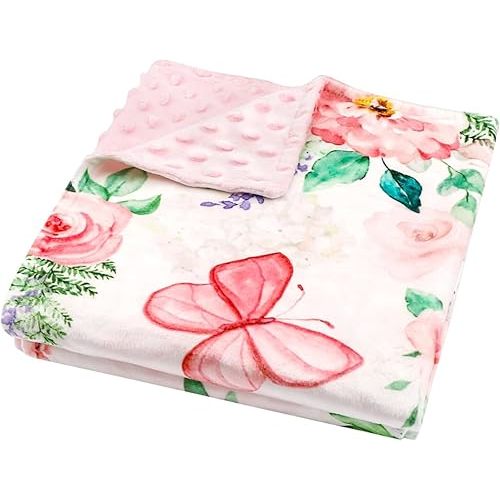 Baby Blankets for Girls Super Soft Minky Toddler Blanket 30x40 Inches, Double Layer, Dotted Backing, Floral Baby Crib Blanket for Nursery, Baby Car Seat, Pet, Pink Flower
