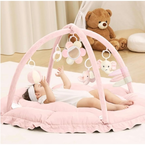 ANGELBLISS 5 in 1 Baby Play Gym Mat, Reversible Tummy Time Mat with 5 Sensory Toys for Stage-Based Developmental, Thick & Large Baby Activity Center from Newborn to Toddler (Pink)