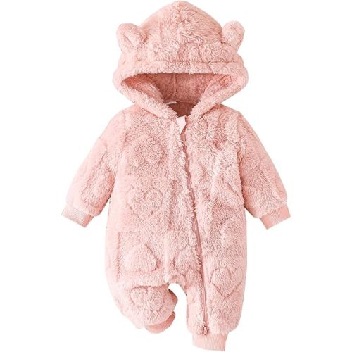 SHIBAOZI Infant Newborn Baby Girl Clothes Solid Zipper Fleece Romper Long Sleeve Hooded Toddler Fall Winter Warm Jumpsuits