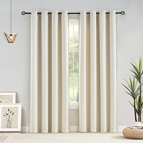 Beige Pom Pom Blackout Curtains Thermal Window Drapes Light Blocking Darpery 63 Inches Length, Solid Energy Efficient Window Curtain Grommet Drapes for Bedroom Living room 52" x 63",2 Panels