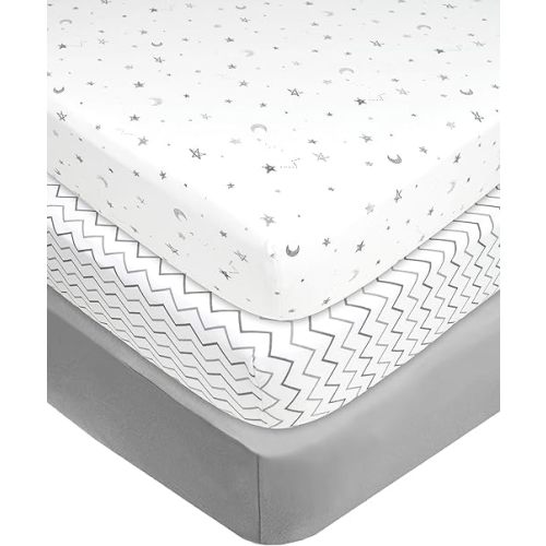 American Baby Company 3 Pack Fitted Crib Sheets 28" x 52", Soft Breathable Neutral 100% Cotton Jersey Sheet, Grey Star/Zigzag, for Boys and Girls, Fits Crib and Toddler Bed mattresses