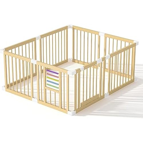 Baby Playpen with Gate, Wooden Playpen for Babies and Toddlers, Baby Play Yard with Colorful Acrylic Beads, Baby Fence Play Area with Suction Cups, Extra Large Play Pen Area Indoor(63 * 47 * 24Inch)