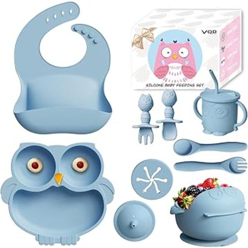 13Pcs Silicone Baby Feeding Set - Baby Spoon, Baby Bowls, Baby Plates with Suction, Baby Bib, Toddler Cups with Replaceable Lids (Blue)