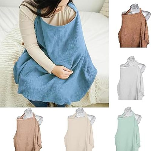 Nursing Cover for Baby Breastfeeding, Muslin Breathable Breastfeeding Cover with Hoop,Multi-use Carseat Canopy,Adjustable Mother Nursing Apron (Light Blue)