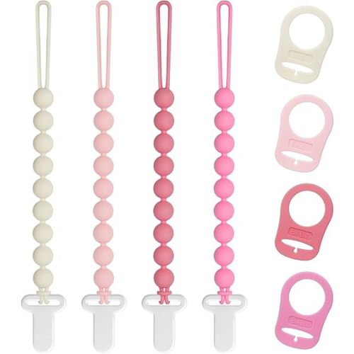 Pacifier Clips Baby Girls - Draklary 4 Pack Silicone Pacifier Clip with Adapter Ring, Fits MAM Dummy, Soothe Baby Binky Holder for Newborn Essentials Shower Birthday Gift