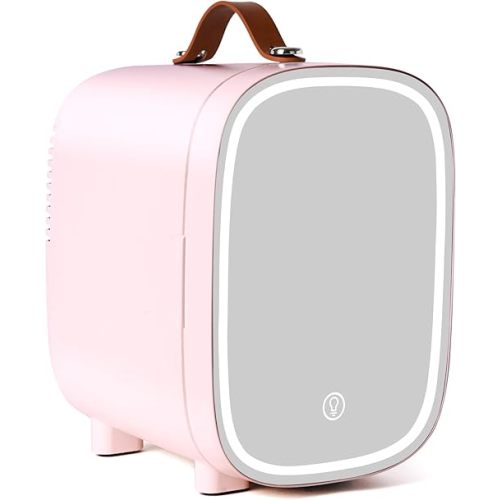 FANSEXPERT Mini Fridge for Bedroom, 4 Liter/6 Can Skincare Fridge With LED Mirror,12v AC/DC Cooler & Warmer Portable Small Refrigerator for Drinks, Makeup, Dorm, Office and Car(Pink)