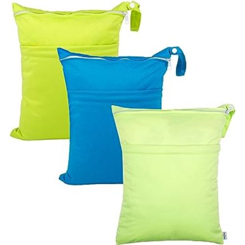 babygoal Wet Dry Bags for Baby Cloth Diapers, Washable Travel Bags, Beach, Pool, Gym Bag for Swimsuits & Wet Clothes with 2 Pockets 3 Pack 3LN10