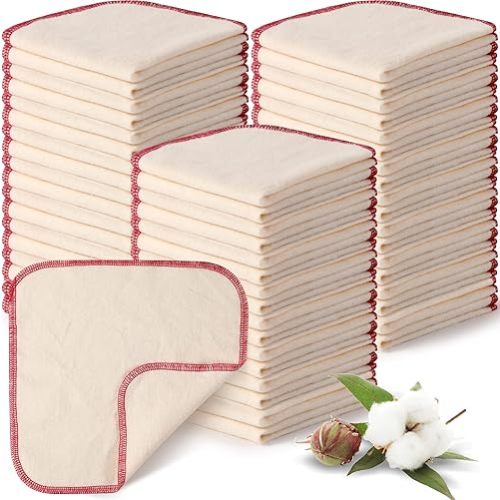 meekoo 45 Pcs Unbleached Flannel Cloth Baby Wipes Reusable Baby Diapers Wipes 8 x 8 Inch Soft and Sturdy Washable Natural Cloth Tissues Outer Stitching(Red)