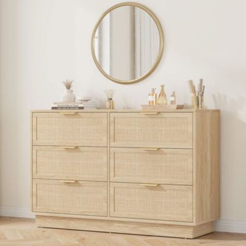 Rattan 6 Drawer Dresser, 47in Wide Natural Oak 6 Chest of Drawers with Metal Handles and Wooden Sturdy Base for Bedroom Living Room Nursery