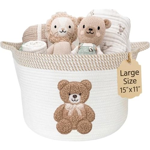 Teddy Bear Storage Basket for Nursery – Large 15"x11" Cotton Rope Bin with Soft Embroidered Bear Patch – Gender Neutral Toy Organizer, Baby Laundry Hamper, Blanket & Diaper Holder