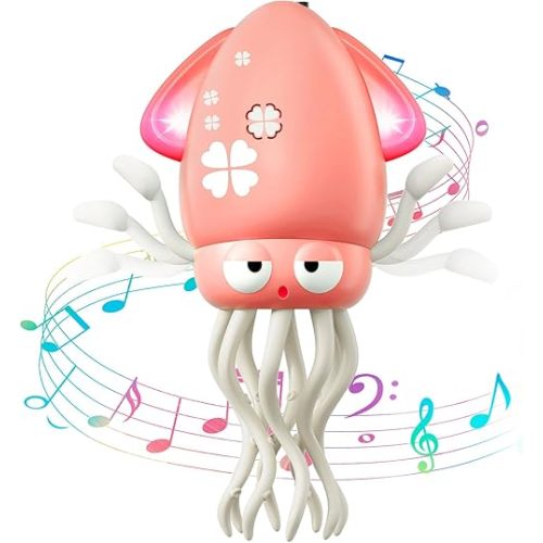 Dancing Octopus Baby Toy, Electric Crawling Octopus Tummy Time Toy, Rechargeable Magic Dancing Music Squid for 3 4 5 6 Year Old Kids Boy Girl Birthday Gifts, Funny Squid for Office Desk Decor (Pink)