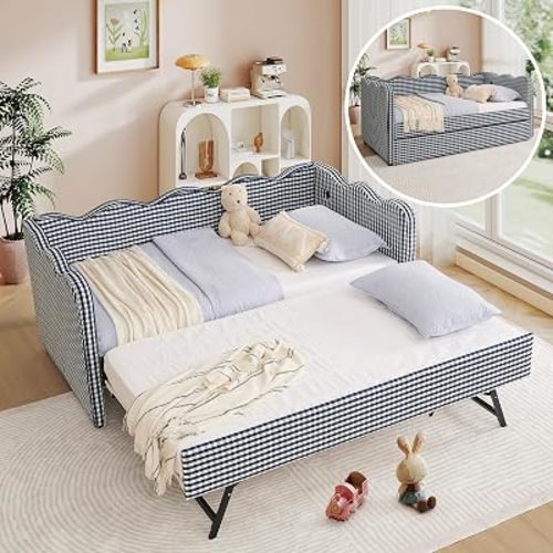 Twin Size Daybed with Pop Up Trundle, Twin to King Gingham Daybed with USB, Upholstery Adorable Wave Shaped Linen Sofa Bed, No Box Spring Needed, Extendable Day Bed for Bedroom, Living Room, Navy