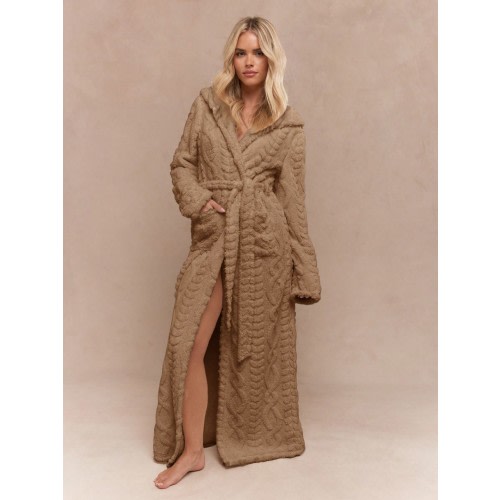 MISSGUIDED Cable Knit Hooded Robe With Belt And Pockets