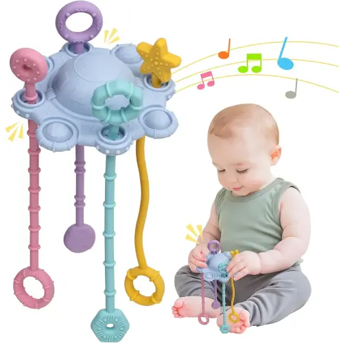 Montesorri-Toys - Pull String Toys for Baby - Made of 100% Food Grade Silicone with Built-in Rattle Function and Easy to Clean Design (Blue)