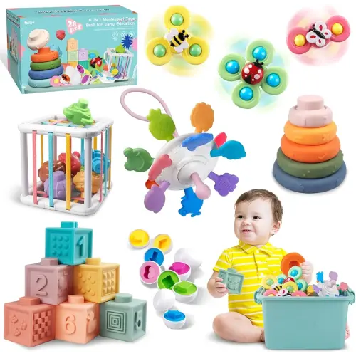 Baby Toys for 6 to 12 Months, Montessori Sensory Bins Toys for Toddlers 1-3, Pull String Teether Infants Bath Toys 6 in 1 Stacking Blocks Rings, Matching Eggs, Suction Cup Spinner Toy