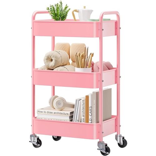 Pink 3 Tier Rolling Cart Metal with Lockable Wheels, Three Tier Utility Cart On Wheels, Sturdy Craft Cart Organizer for Teacher, Storage Roller Trolly for Baby Diaper, Art, Craft, Nail, Lash, Makeup