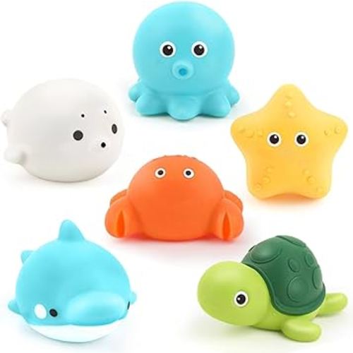 Bath Toys 6 Pack No Hole Baby Bathtub Toys Soft Squeezable & Float on Water Easy-Grip Toddler Bath Toy Set for Kids Ages 1-3 Tub Pool Toys