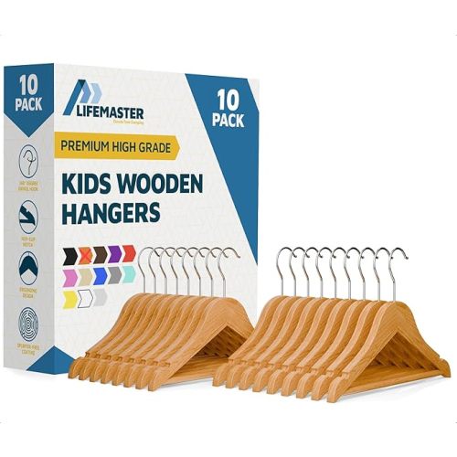 Natural Color Wooden Kids Hangers 10 Pack, Toddler & Baby Wooden Hangers, 11.8" Solid Maple Wood with 360° Swivel Hook, Pants Bar & Notches, Up to 7.7lb Capacity, Space-Saving Design for Ages 0–8