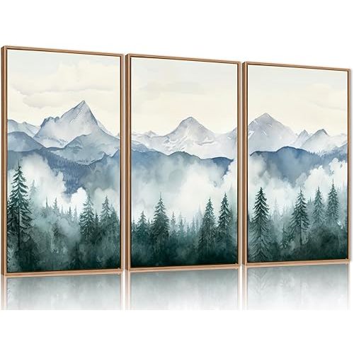 FWIEXA Foggy Green Forest Framed Canvas Wall Art Set, Nature Scenery Modern Wall Decor, Misty Mountain Wall Painting, Woodland Landscape Nursery Art Print for Living Room, Bedroom, Office - 16"x24"x3