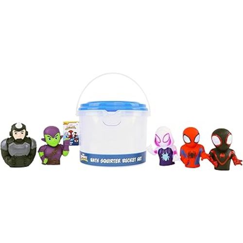 Marvel Spidey & Friends - 5 Piece Bath Squirter Bucket Set - Bath Toys for Baby and Toddlers - Includes Organizer Bucket - Store Bath Time Water Toys
