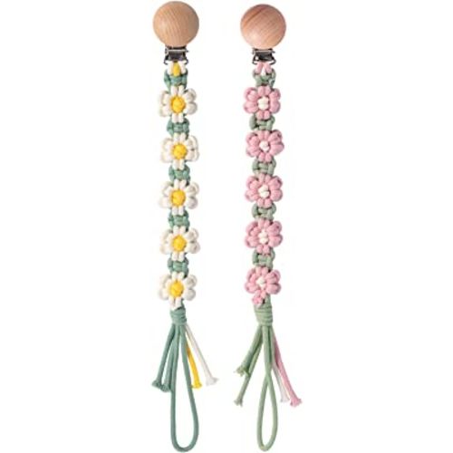 Pacifier Clip for Boys Girls Floral Daisy Macrame Paci Clip Pacifier Holder Leash Boho Wooden Clips Handmade Braided Cotton Unisex Baby Shower Birthday Gift