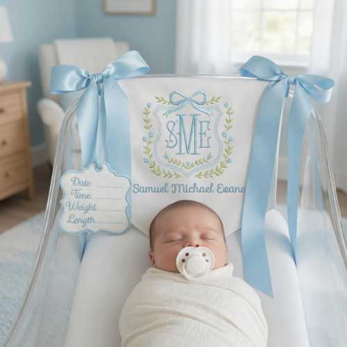 Personalized Baby Welcome Banner, Custom Birth Name Tag, Embroidered Name, Floral Wreath, Satin Bows, Hospital Door Sign