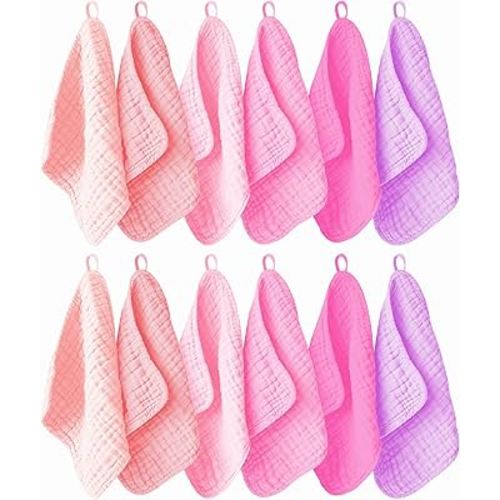 12 Pack Muslin Washcloths for Baby - 100% Cotton Baby Wash Cloths for or Baby Face Body Comfy and Soft for Newborn Infants Kids Girls and Boys - 12"x12" - Pink, Purple and Sakura Series