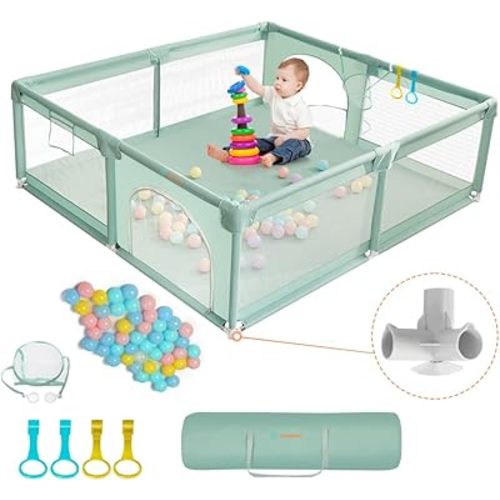 COMOMY Playpens for Toddlers, 79"x71" Baby Playard Extra Large, Safe Non-Slip Fence, Full Mesh Design, Indoor & Outdoor Kids Activity Center, Dark Green