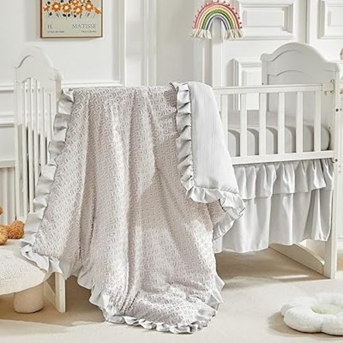 3 Pieces Tufted Crib Bedding Set with Ruffle Fringe, Grey Ruffled Comforter with Fitted Sheet and Bed Skirt, Soft and Embroidery Shabby Chic Boho Bohemian Jacquard Design for Baby Boys Girls