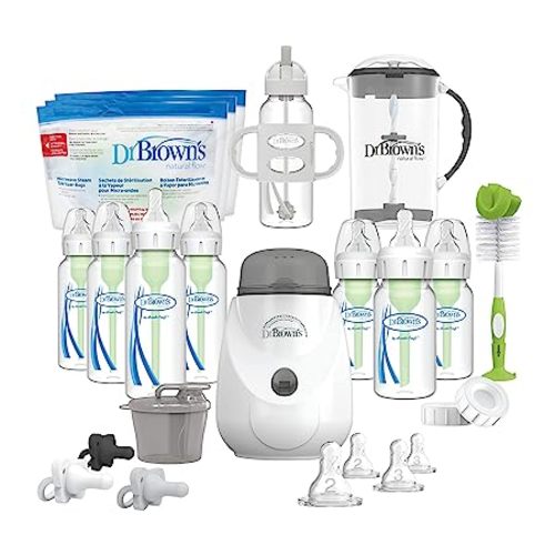 Dr. Brown's Natural Flow Anti-Colic Options+ All-In-One Gift Set for Newborn, with Bottle Warmer, HappyPaci Pacifiers, Cleaning Brush, Formula Mixing Pitcher & Formula Dispenser, 0m+