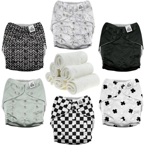 Mama Koala 3.0 Pocket Cloth Diapers for Babies with AWJ Lining, 6 Pack with 6 4-Layer Natural Cloth Diaper Inserts - Reusable and Washable Pocket Diapers (Black and White)