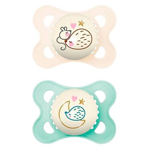 MAM Night Pacifiers (2 Pacifiers & Sterilizing Box), MAM Pacifiers 0-6 Months, Best Pacifier for Breastfed Babies, Unisex, Glow in the Dark Pacifier - 2 Count (Pack of 1)