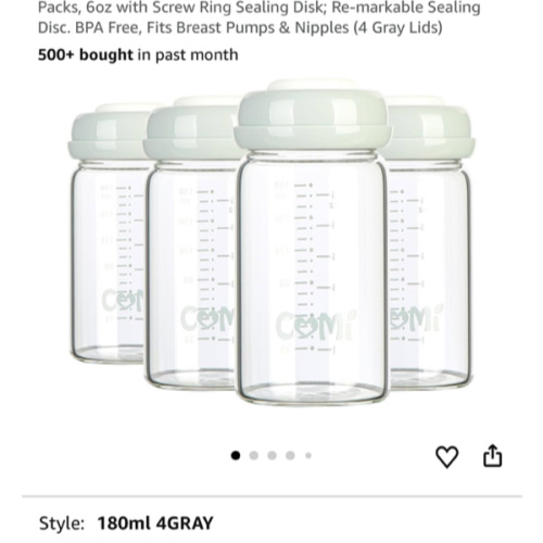 COMI Wide Neck Glass Breastmilk Collection n Storage Bottle, 4 Packs, 6oz with Screw Ring Sealing Disk; Re-markable Sealing Disc. BPA Free, Fits Breast Pumps & Nipples (4 Gray Lids)