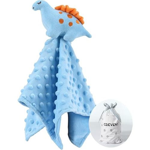 CREVENT Cozy Plush Baby Security Blanket Loveys for Baby Boys, Minky Dot Front + Sherpa Backing with Animal Face (Blue Dinosaur)