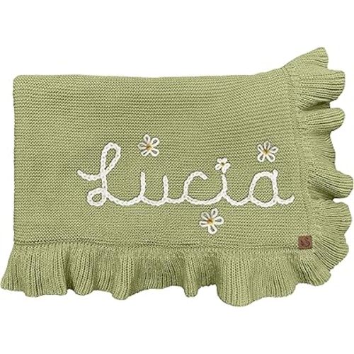 Personalized Ruffled Knit Baby Blanket – 30X40in Hand-Embroidered Name, Soft Cotton Throw with Embroidered Edges for Newborns, Toddlers, or Baby Gifts