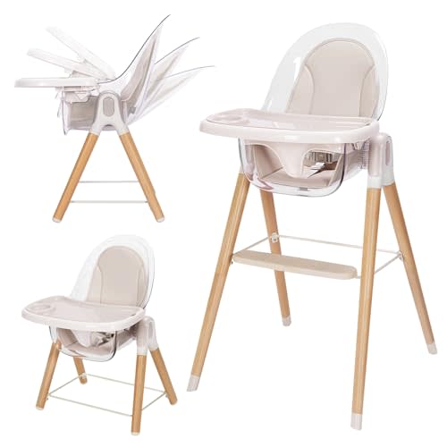 Baby High Chair, 6-in-1 Convertible Wooden Recline Chair with Adjustable Hardwood Leg for Babies and Toddlers, Double Dishwasher Safe Tray & Premium Leatherette