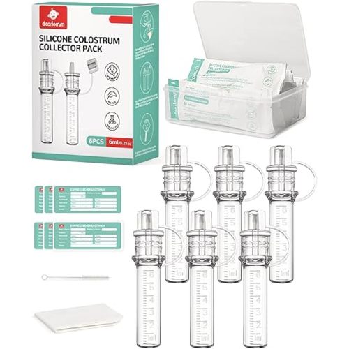 dearlomum Colostrum Collector Kit Breast Milk Collector 6ml/6pcs,Reusable, Heat & Freezer Resistant, BPA-Free, with Cotton Cloth Wipe, Storage Case, Cleaning Brush