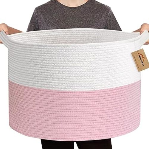 Pink Storage Baskets for Organizing, 22"X22"X14" XXXL Blanket Basket Living Room, Large Toy Basket, Soft Pink Cotton Rope Woven Baskets for Storage, Decorative Gifts Basket Bins for Nursery