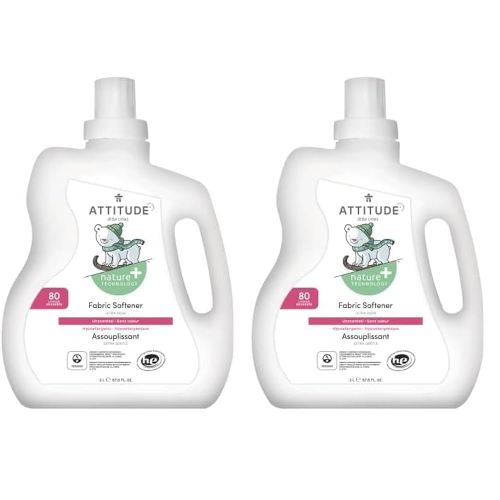 ATTITUDE Baby Fabric Softener, Plant and Mineral-Based Ingredients, HE Compatible, Vegan and Cruelty-free Laundry and Household Products, Unscented, 80 Loads, 67.6 Fl Oz (Pack of 2)