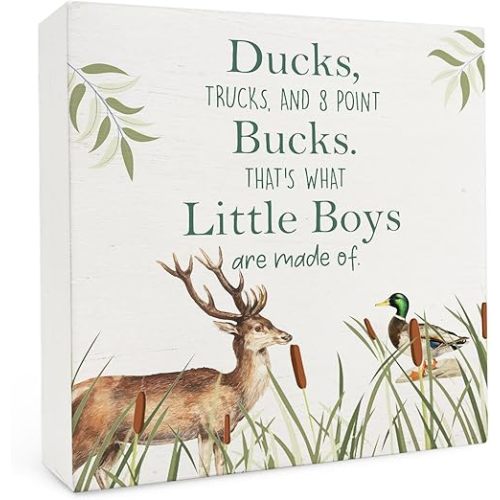 Hunting Boy Nursery Wood Box Sign 5×5 Inches, Farmhouse Wild Mallard Duck Deer Wood Sign for Kids Boys Room Bedroom Playroom Nursery Home Desk Tabletop Shelf Decor