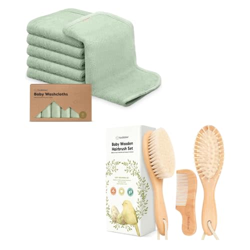 KeaBabies Baby Washcloths for Newborn, Kids and Baby Hair Brush and Baby Comb Set - Bath Baby Towels, Face Towel, Face Cloths - Wooden Baby Brush with Soft Goat Bristle