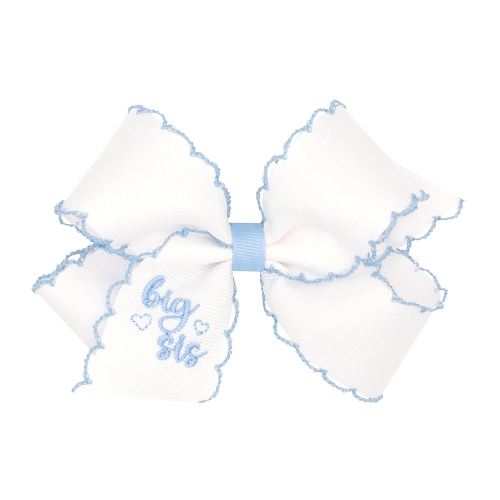 Wee Ones Girls' Grosgrain Hair Bow with Light Blue Moonstitch Edge, "Big Sis" Embroidery, Medium